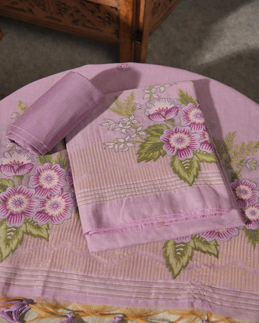 Purple Muga Cotton Unstitched Suit Material with Floral Embroidery