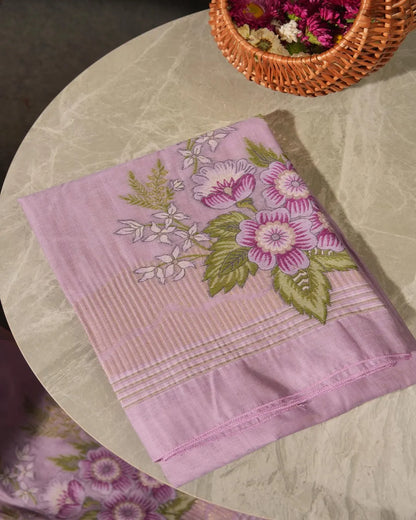 Purple Muga Cotton Unstitched Suit Material with Floral Embroidery