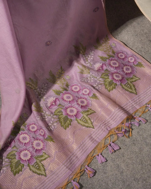 Purple Muga Cotton Unstitched Suit Material with Floral Embroidery