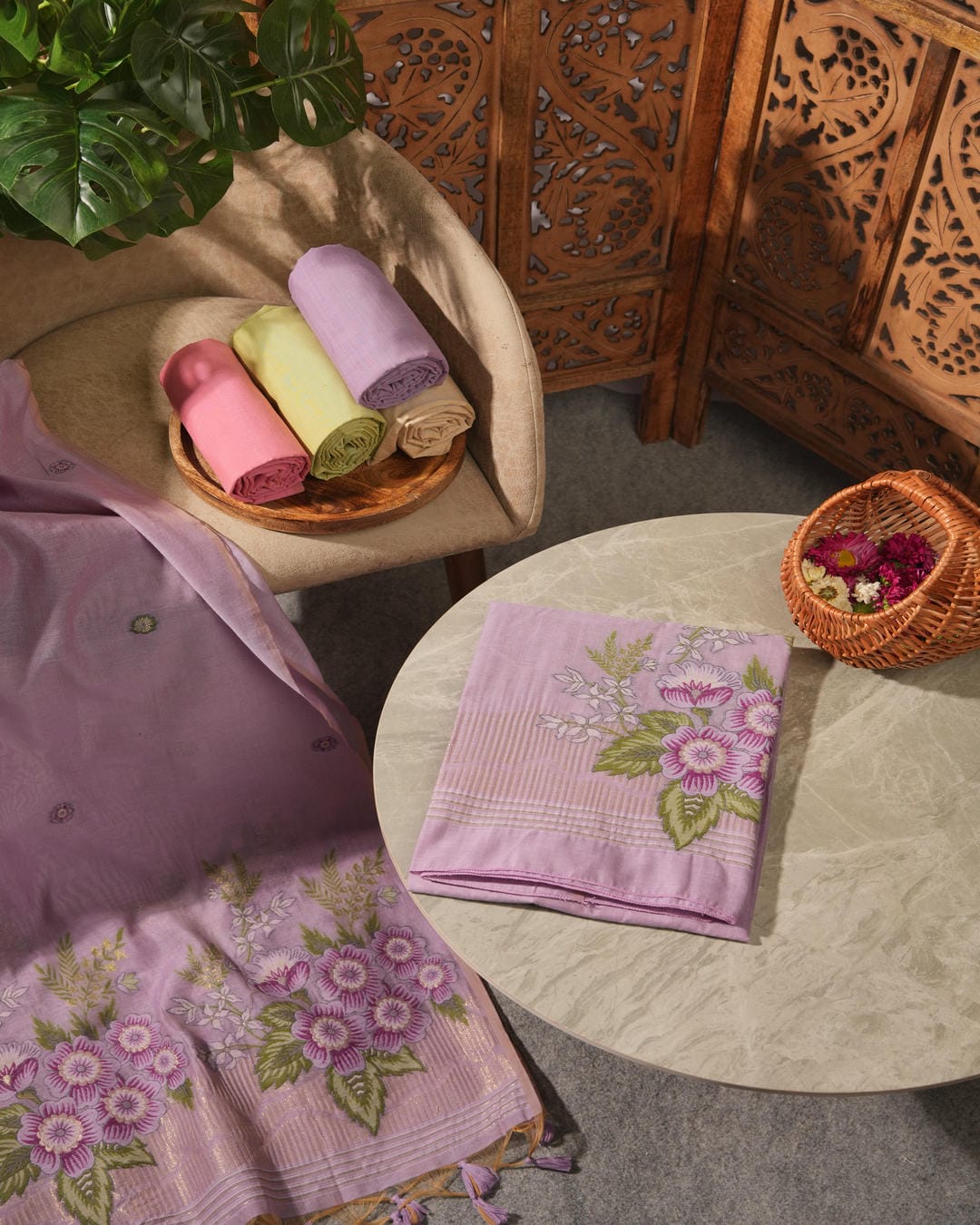 Lavender Mist Muga Cotton Floral Unstitched Suit Set