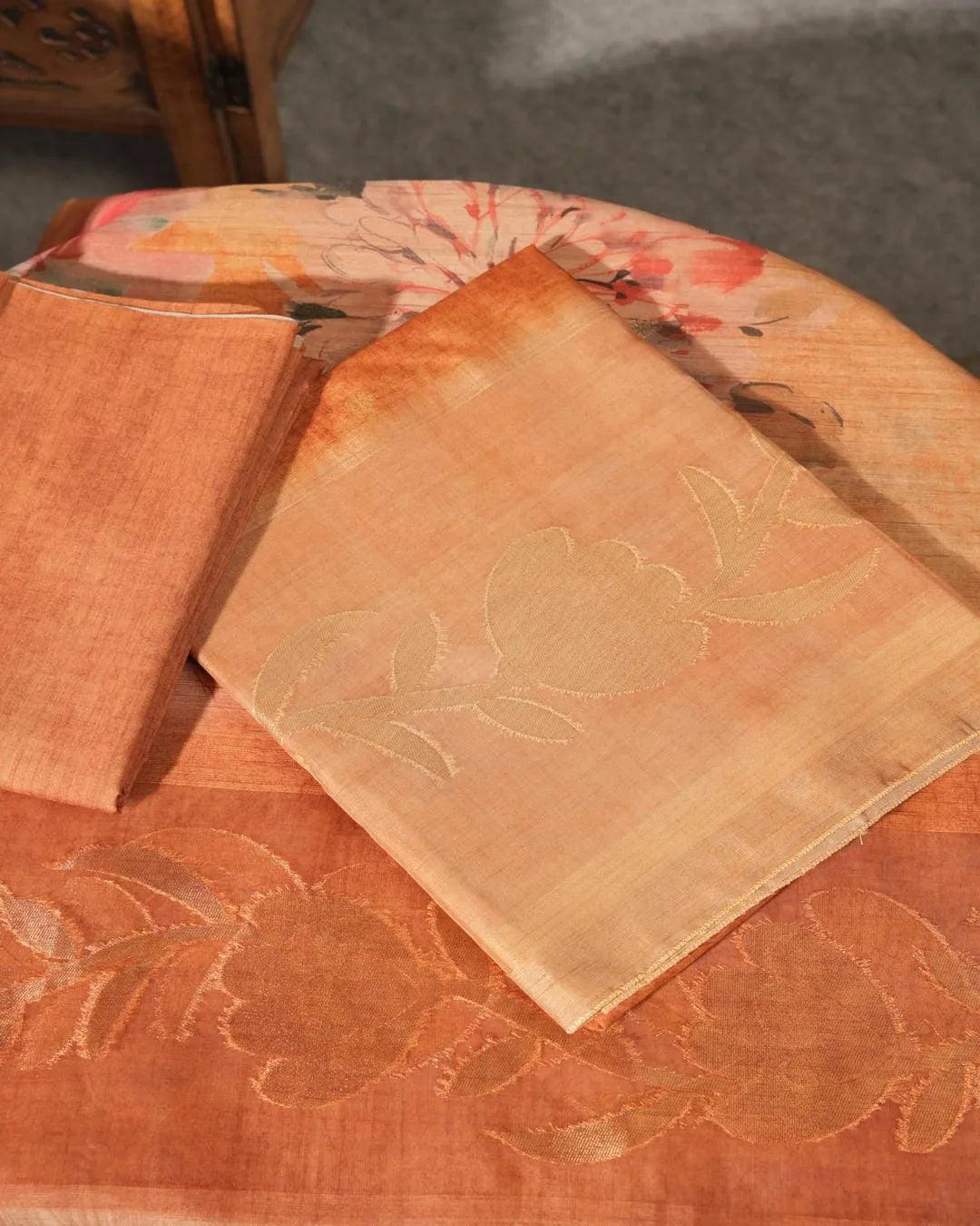 Peach Floral Semi Tussar Silk Unstitched Suit Material with Woven Border