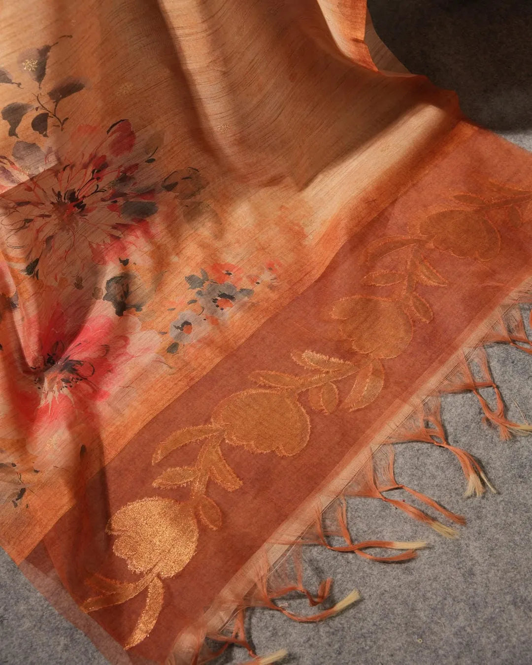 Peach Floral Semi Tussar Silk Unstitched Suit Material with Woven Border