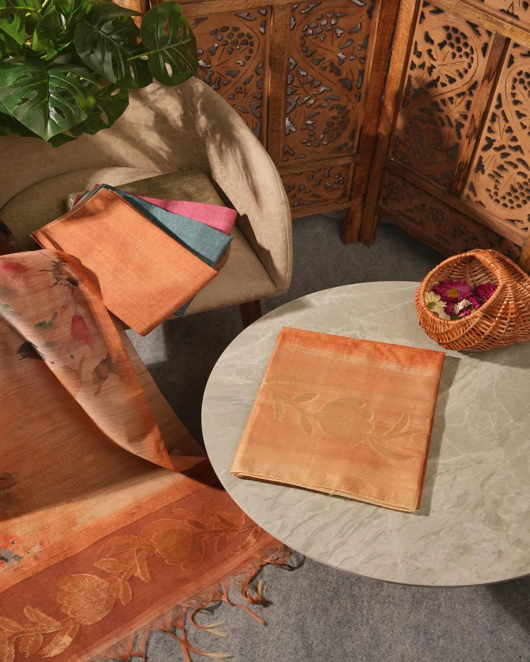 Peach Floral Semi Tussar Silk Unstitched Suit Material with Woven Border