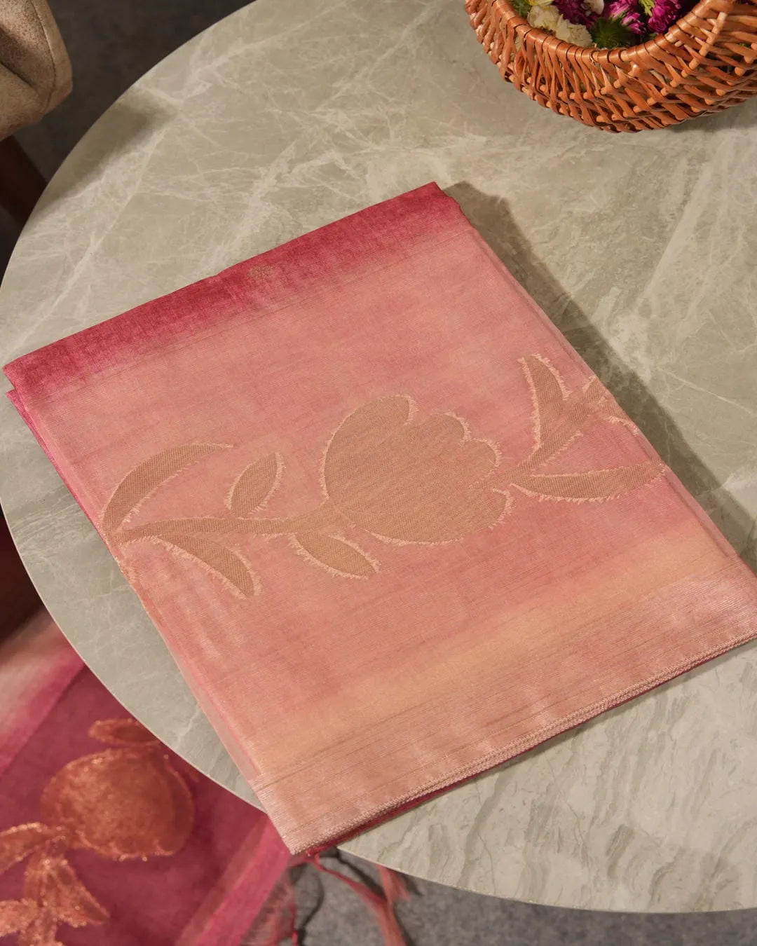 Peach Floral Semi Tussar Silk Unstitched Suit Material with Woven Border