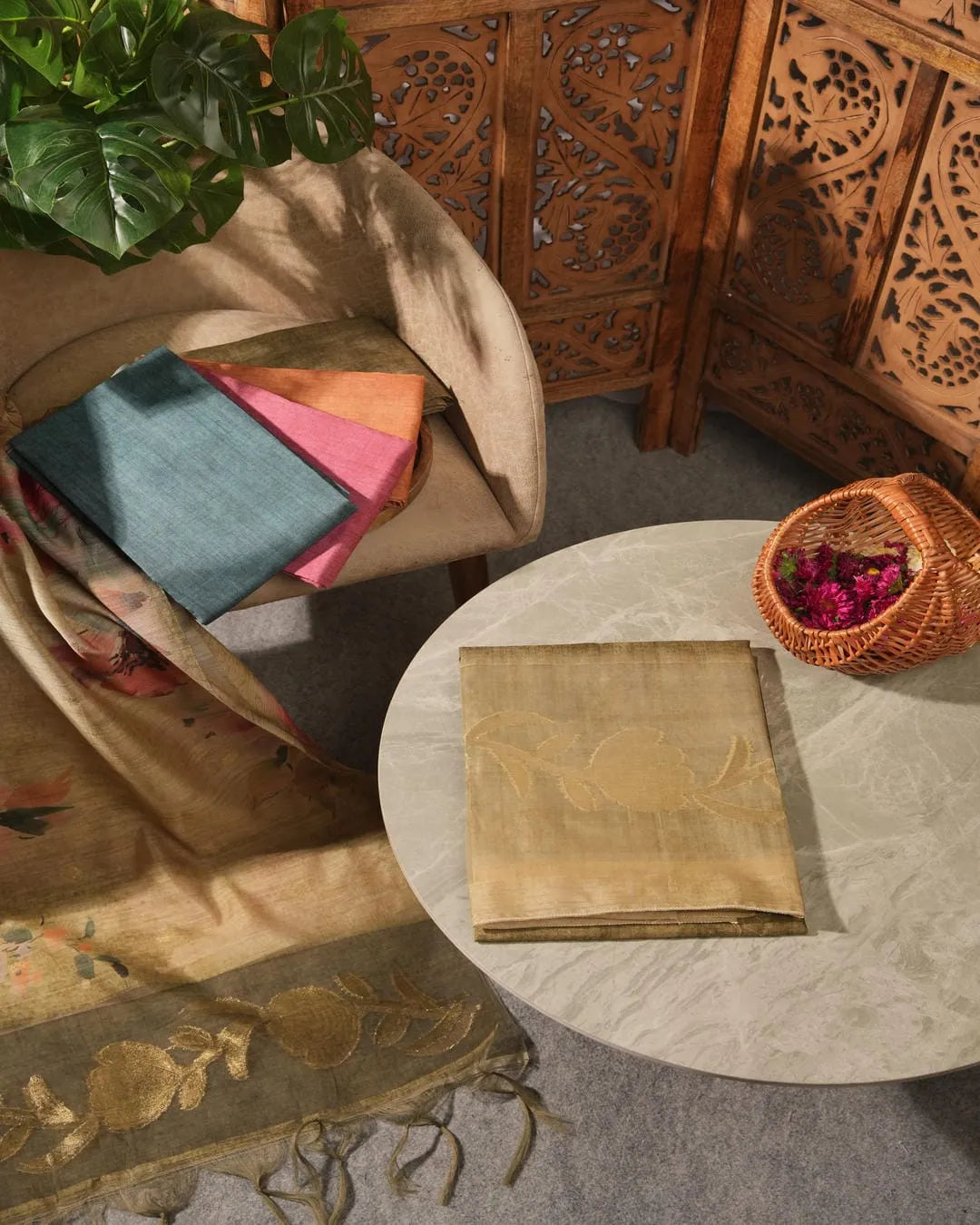 Olive Green Floral Semi Tussar Silk Unstitched Suit Material with Printed Dupatta