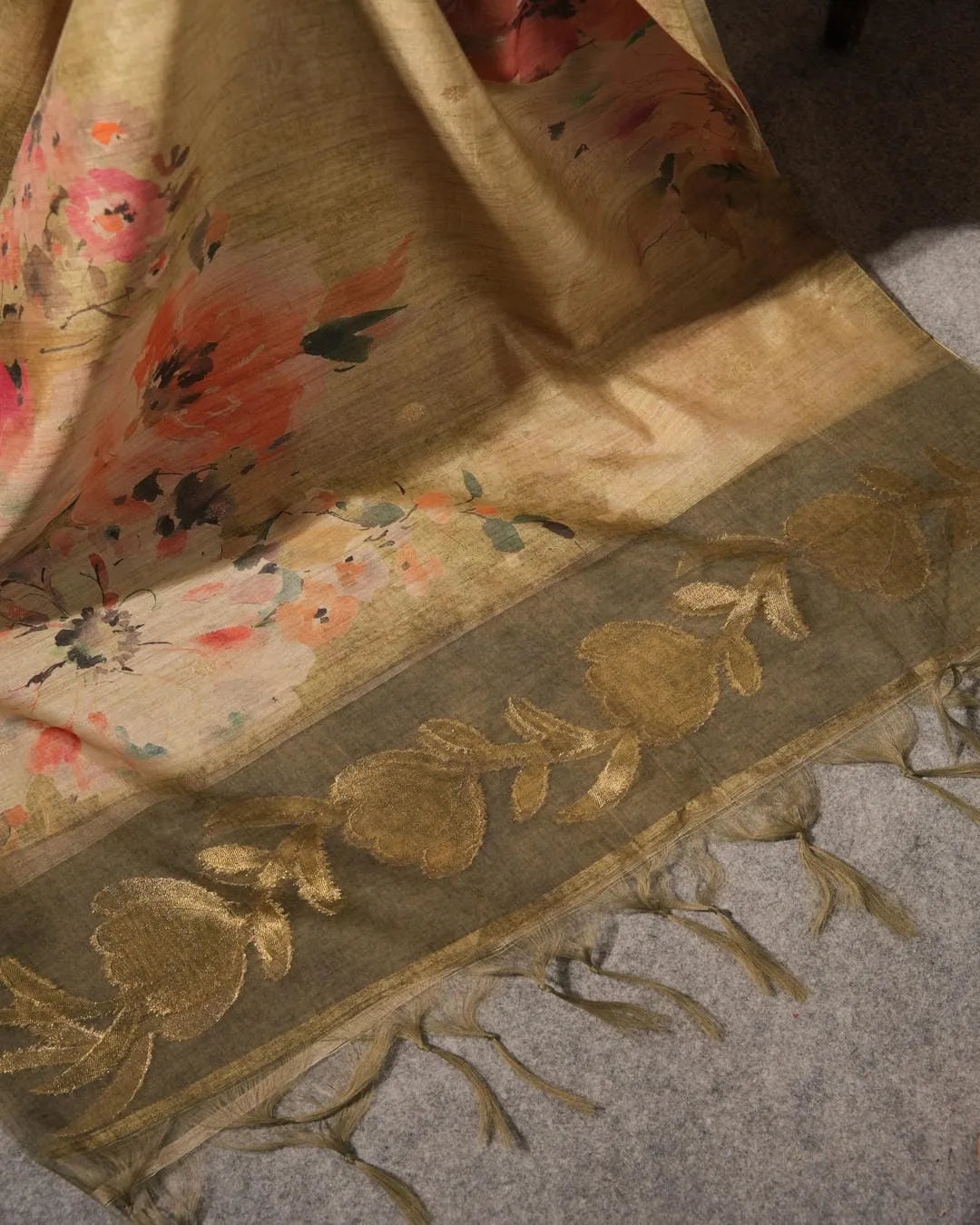 Olive Green Floral Semi Tussar Silk Unstitched Suit Material with Printed Dupatta