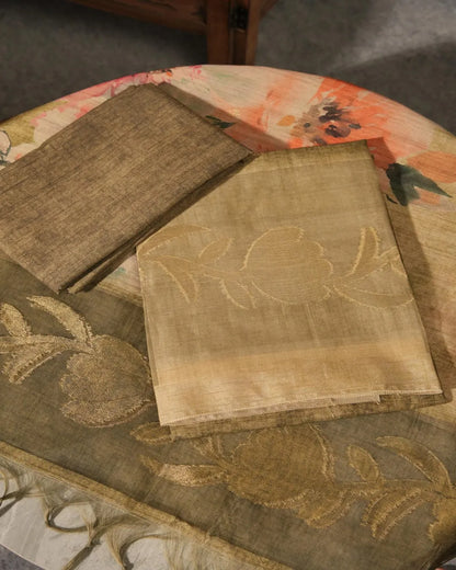 Olive Green Floral Semi Tussar Silk Unstitched Suit Material with Printed Dupatta