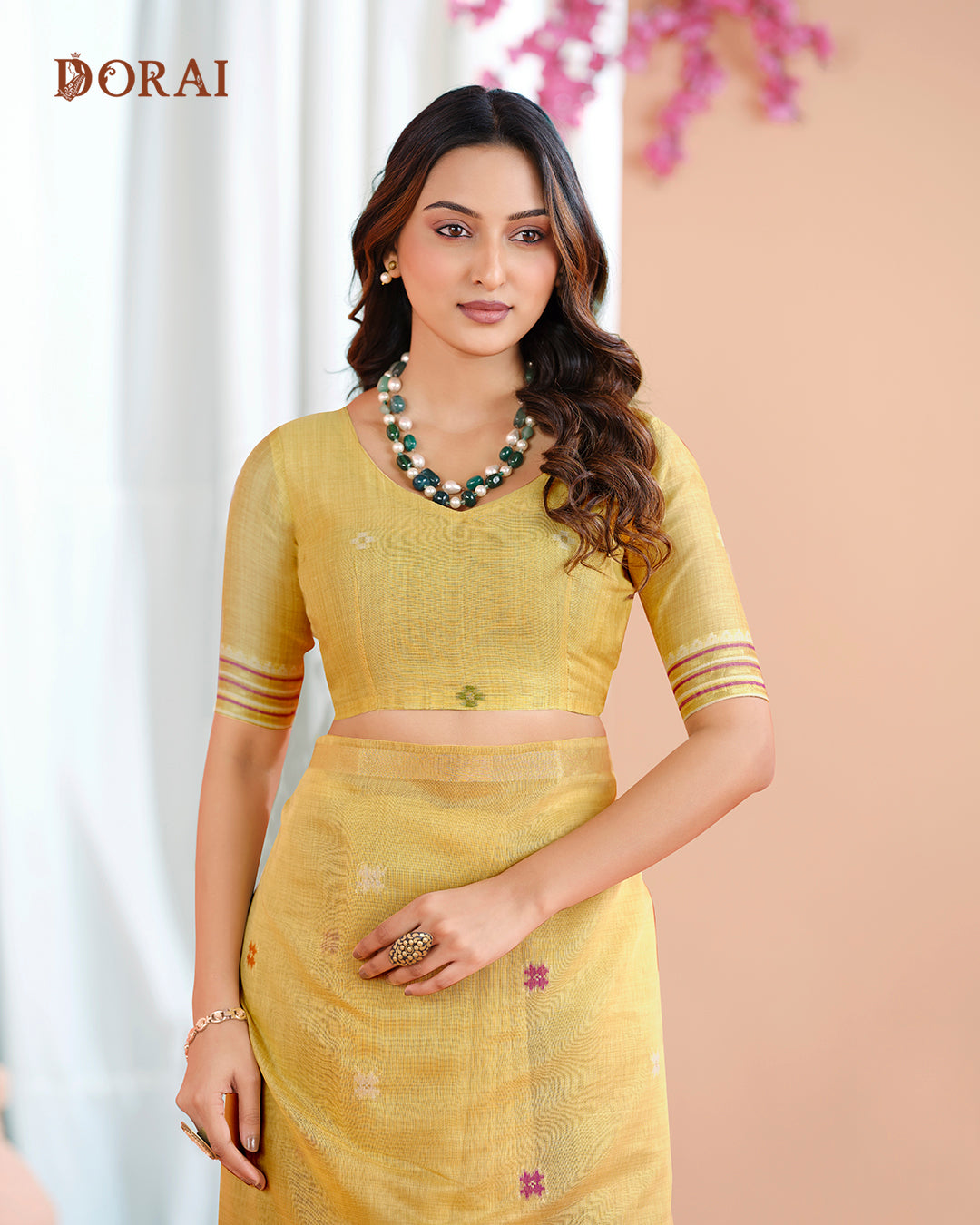 Mustard Yellow Jamdani Linen-Cotton Saree | Traditional Woven Motifs and Patola Pallu