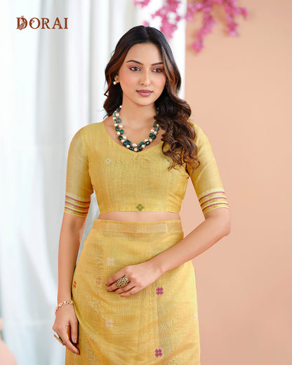 Mustard Yellow Jamdani Linen-Cotton Saree | Traditional Woven Motifs and Patola Pallu