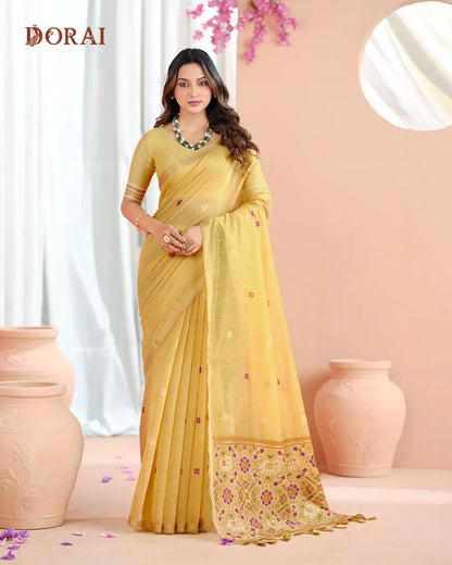 Pink Patola Pallu Muga Cotton Saree with Zari Border