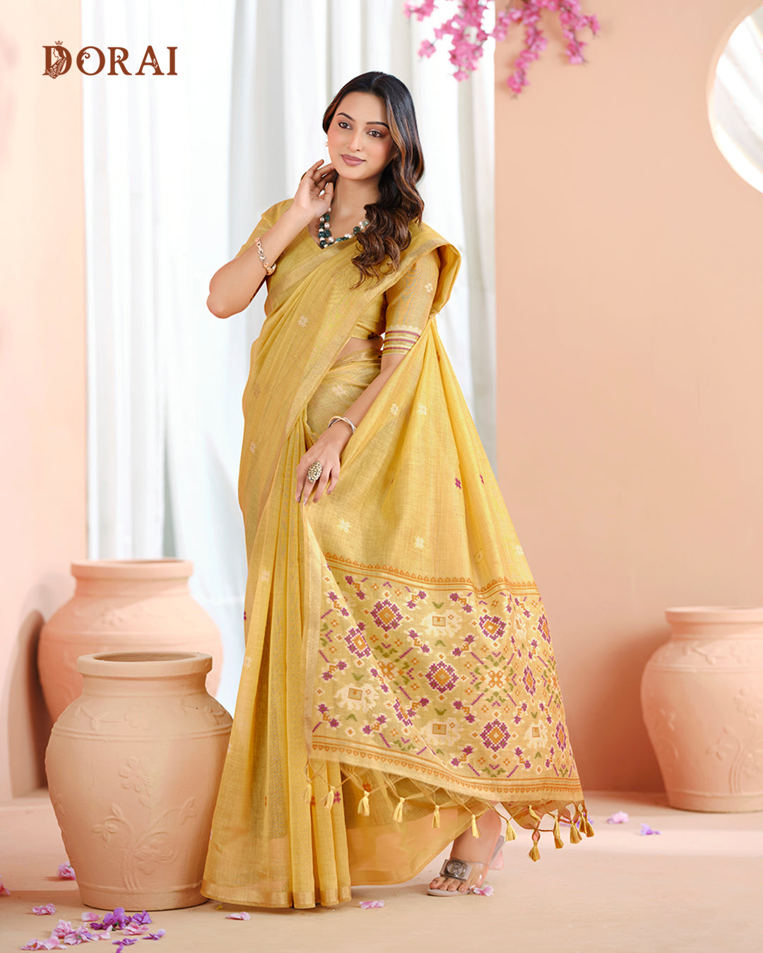 Pistachio Green Jamdani Muga-Cotton Saree | Woven Patola  Pallu