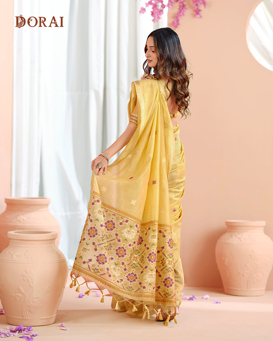 Mustard Yellow Jamdani Linen-Cotton Saree | Traditional Woven Motifs and Patola Pallu