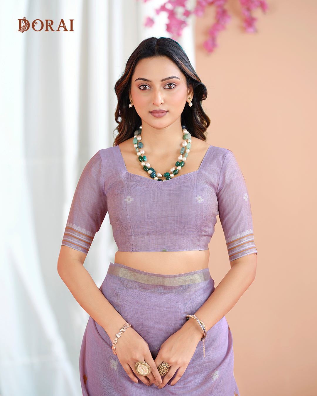 Soft Lavender Jamdani Muga-Cotton Saree | Woven Check & Floral Motifs and Patola Pallu