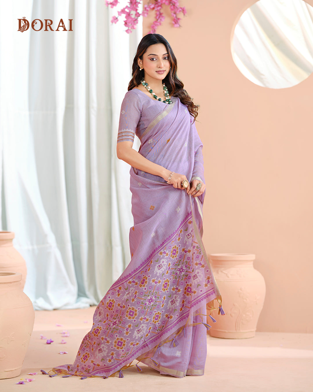 Soft Lavender Jamdani Muga-Cotton Saree | Woven Check & Floral Motifs and Patola Pallu