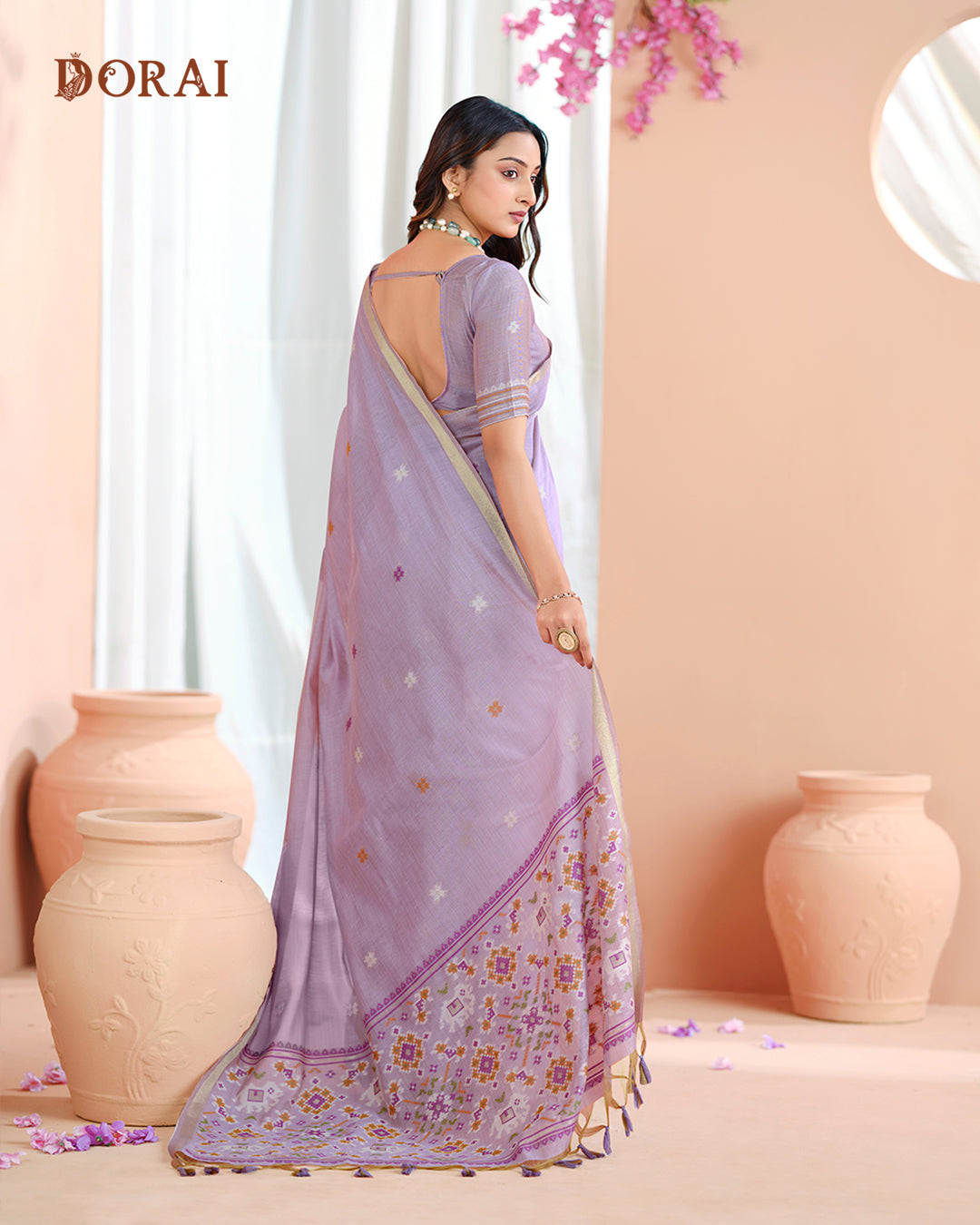 Soft Lavender Jamdani Muga-Cotton Saree | Woven Check & Floral Motifs and Patola Pallu