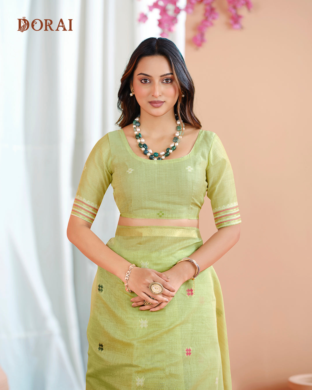 Pistachio Green Jamdani Muga-Cotton Saree | Woven Patola  Pallu