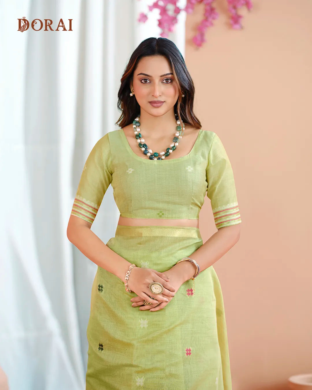 Pista Green Patola Pallu Muga Cotton Saree with Zari Border