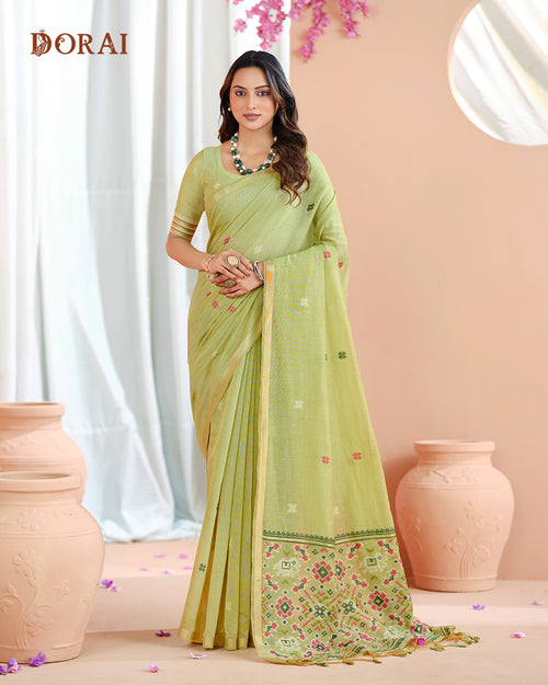 Pistachio Green Jamdani Muga-Cotton Saree | Woven Patola  Pallu