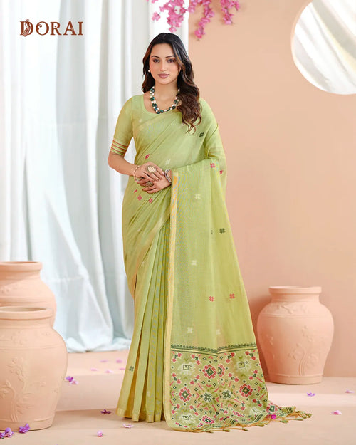 Pista Green Patola Pallu Muga Cotton Saree with Zari Border