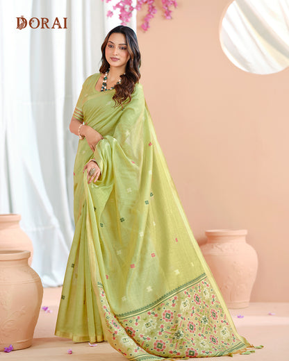 Pistachio Green Jamdani Muga-Cotton Saree | Woven Patola  Pallu