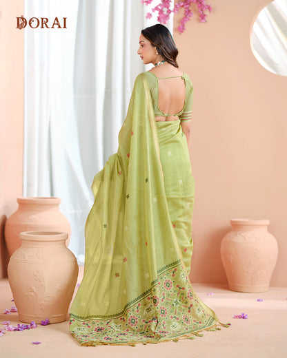 Pistachio Green Jamdani Muga-Cotton Saree | Woven Patola  Pallu