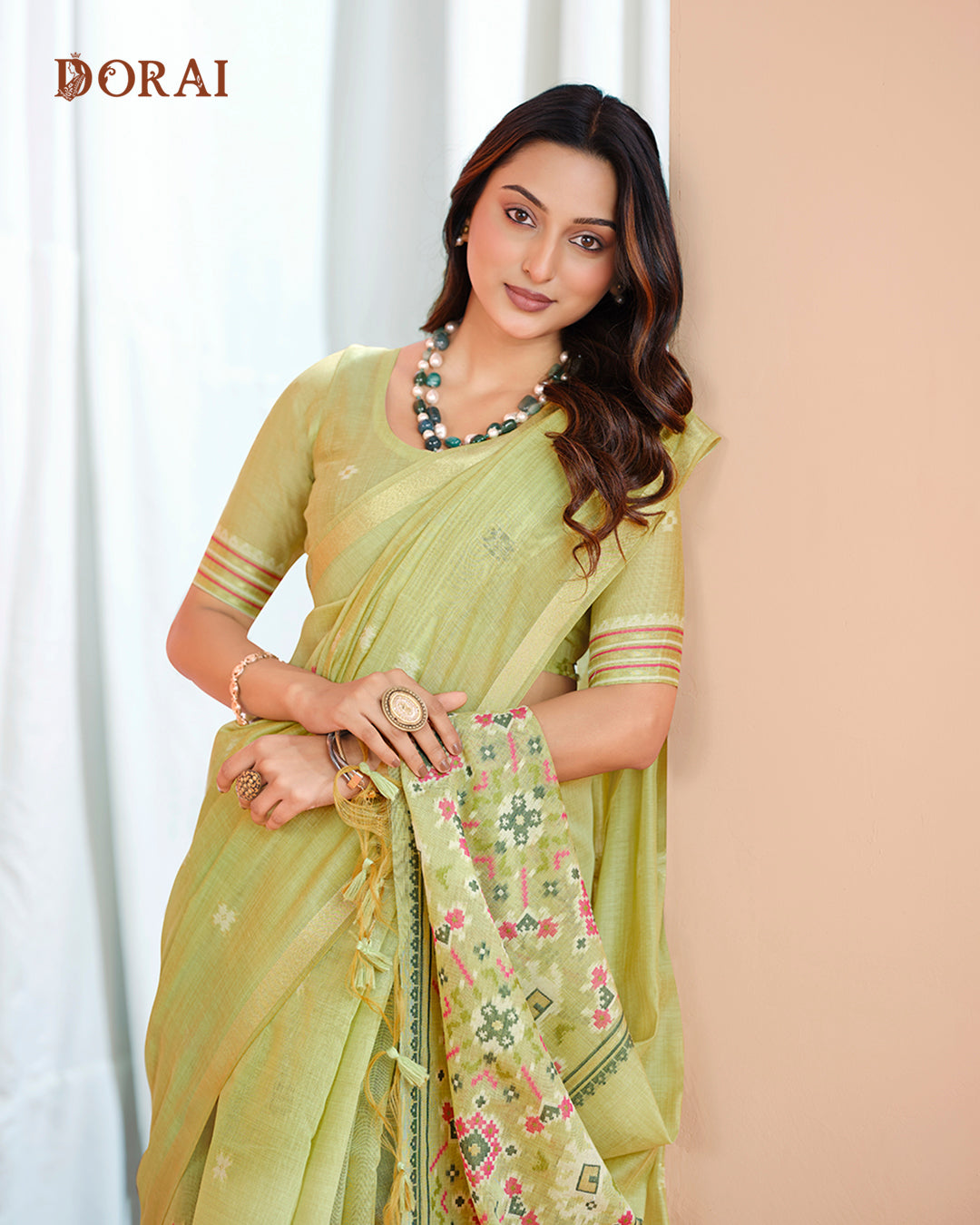 Pistachio Green Jamdani Muga-Cotton Saree | Woven Patola  Pallu