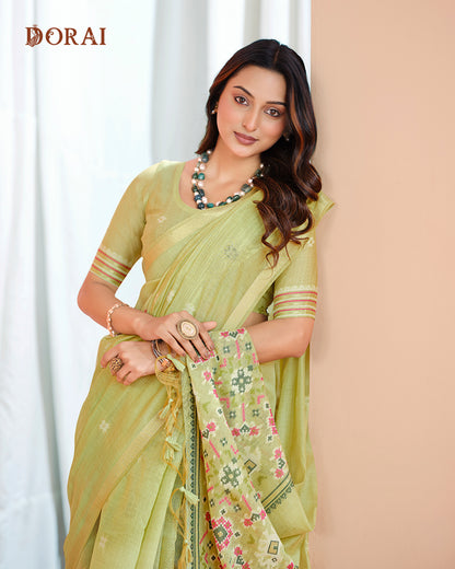 Pistachio Green Jamdani Muga-Cotton Saree | Woven Patola  Pallu