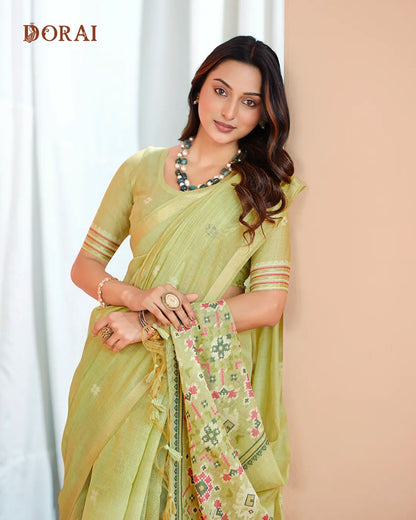 Pista Green Patola Pallu Muga Cotton Saree with Zari Border