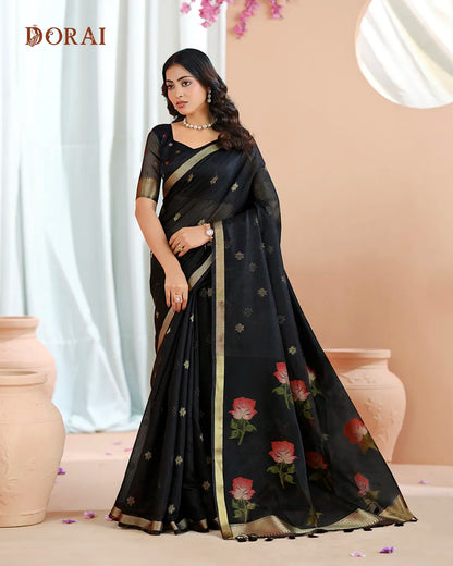Onyx Radiance – Black Muga Cotton Saree with Rose Artistry
