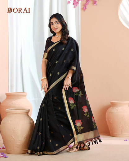 Charcoal Black Zari Jamdani Muga Cotton Saree – Woven Motifs and Oragana Pallu