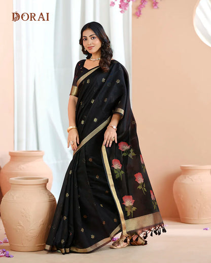 Onyx Radiance – Black Muga Cotton Saree with Rose Artistry