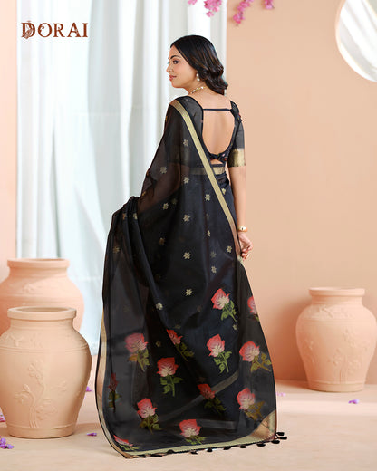 Charcoal Black Zari Jamdani Muga Cotton Saree – Woven Motifs and Oragana Pallu