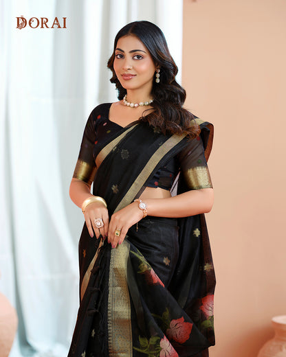 Rich  Blue Zari Jamdani Muga-Cotton Saree – Woven Floral Motifs and Oragana Pallu