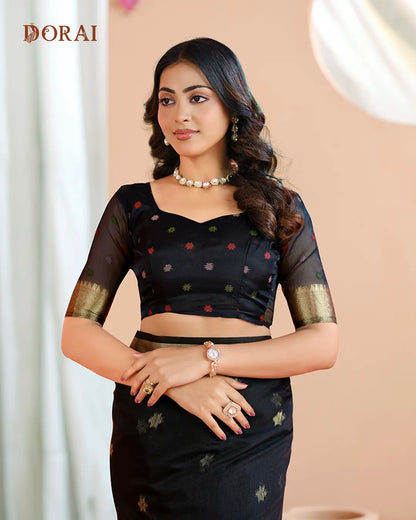 Onyx Radiance – Black Muga Cotton Saree with Rose Artistry