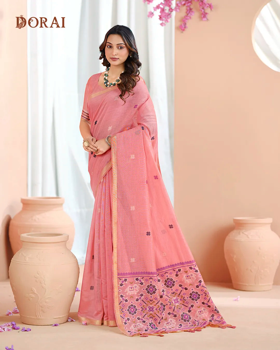 Pink Patola Pallu Muga Cotton Saree with Zari Border