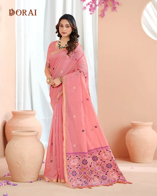 Pink Patola Pallu Muga Cotton Saree with Zari Border