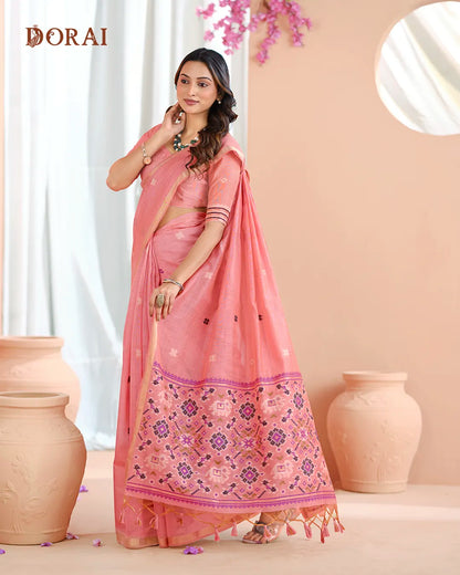 Pink Patola Pallu Muga Cotton Saree with Zari Border