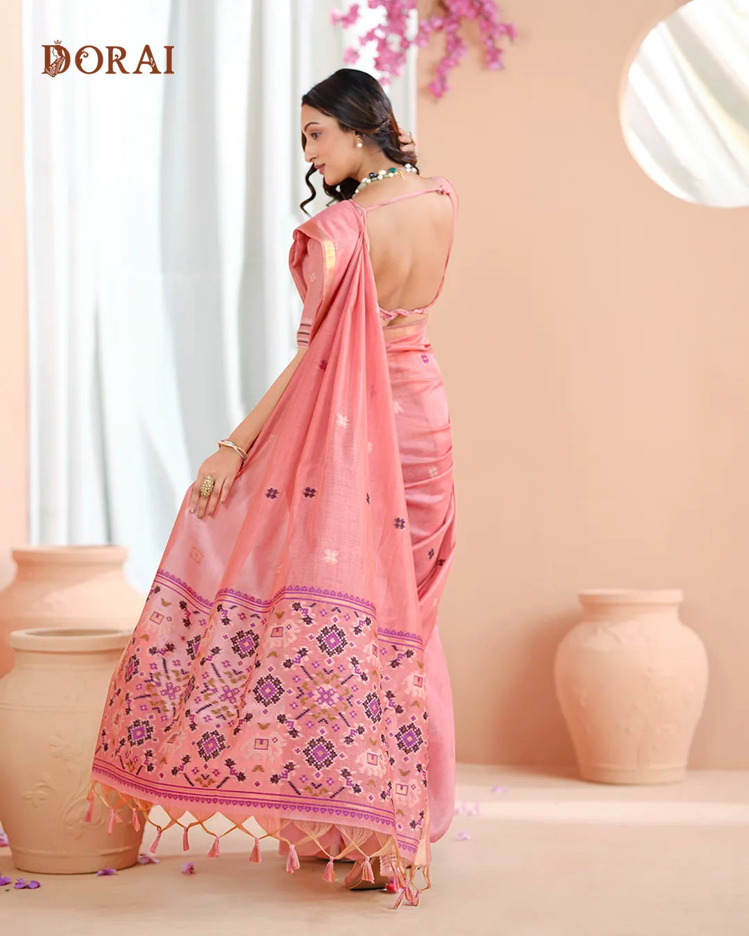 Pink Patola Pallu Muga Cotton Saree with Zari Border