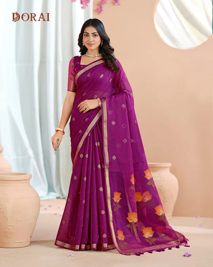 Onyx Radiance – Black Muga Cotton Saree with Rose Artistry