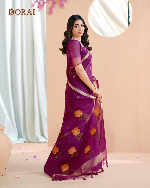 Plum Purple Zari Jamdani Muga-Cotton Saree – Bengal Woven Motifs and Oragana Pallu
