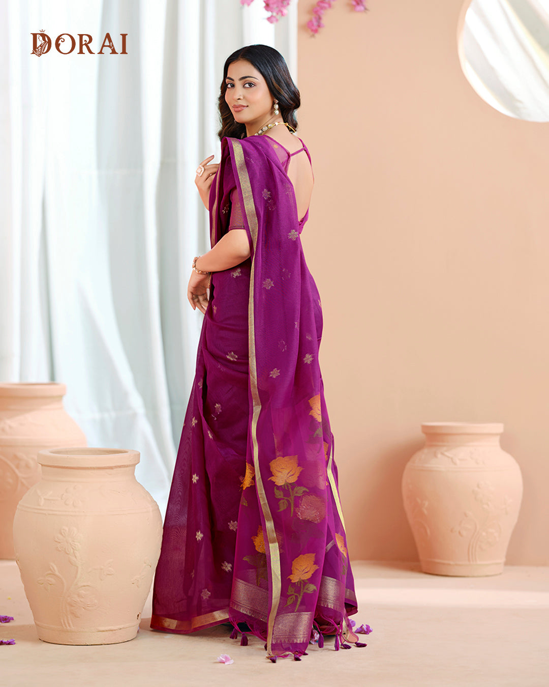 Plum Purple Zari Jamdani Muga-Cotton Saree – Bengal Woven Motifs and Oragana Pallu
