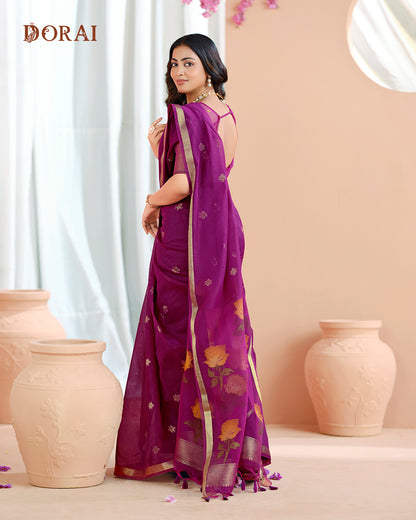 Plum Purple Zari Jamdani Muga-Cotton Saree – Bengal Woven Motifs and Oragana Pallu