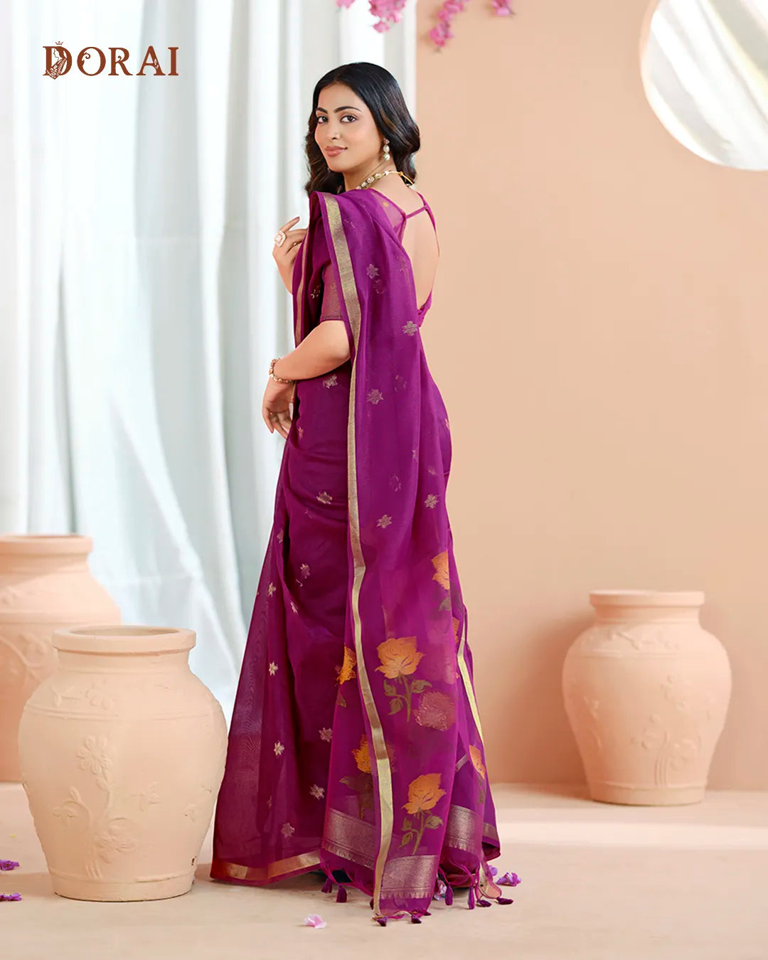 Amethyst Splendor – Wine Muga Cotton Saree with Rose Elegance