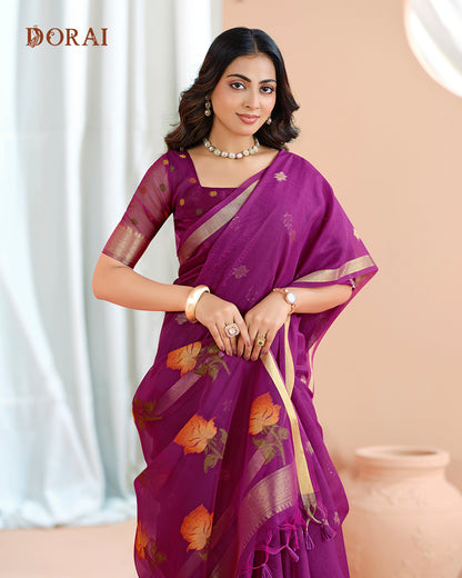 Plum Purple Zari Jamdani Muga-Cotton Saree – Bengal Woven Motifs and Oragana Pallu