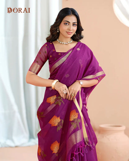 Amethyst Splendor – Wine Muga Cotton Saree with Rose Elegance