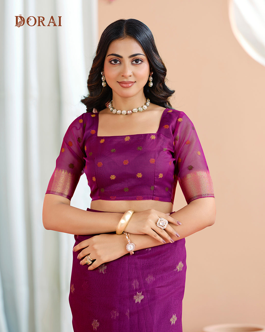 Plum Purple Zari Jamdani Muga-Cotton Saree – Bengal Woven Motifs and Oragana Pallu