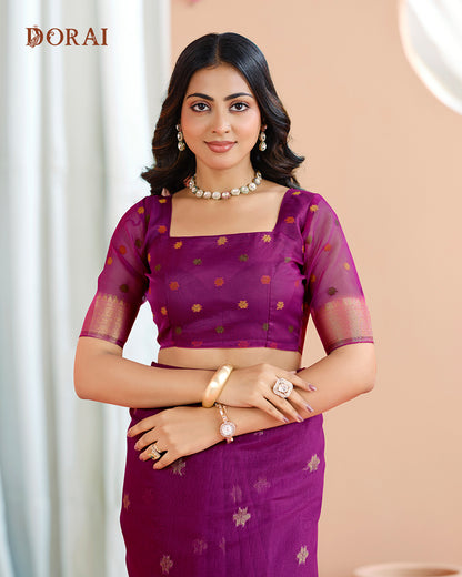 Plum Purple Zari Jamdani Muga-Cotton Saree – Bengal Woven Motifs and Oragana Pallu