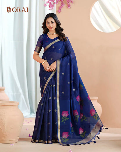 Cherry Bloom – Rani Muga Cotton Saree with Rose Charm