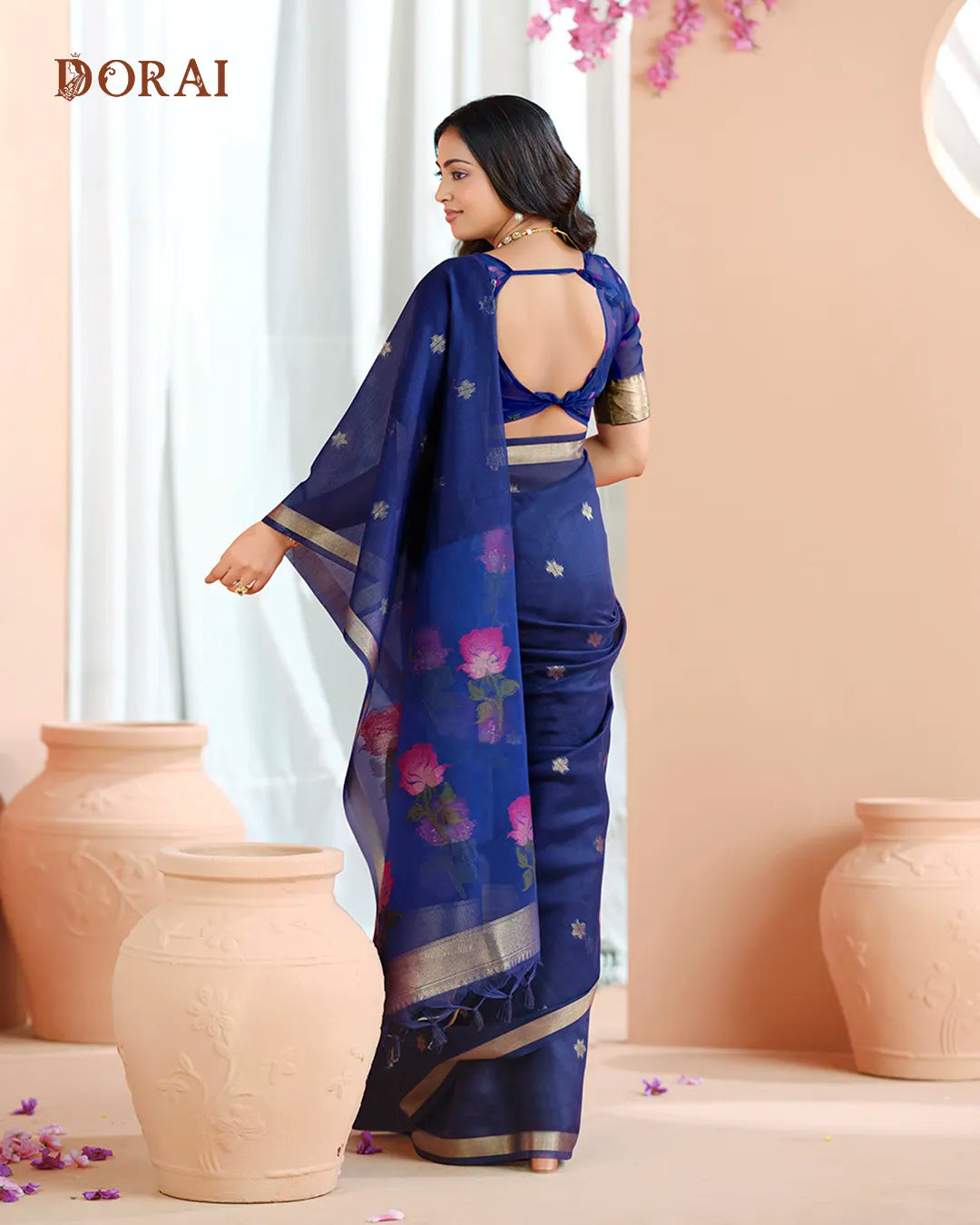 Navy Blue Muga Cotton Saree with Floral Organza Pallu and Rose Print