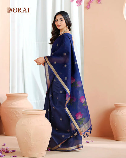 Navy Blue Muga Cotton Saree with Floral Organza Pallu and Rose Print